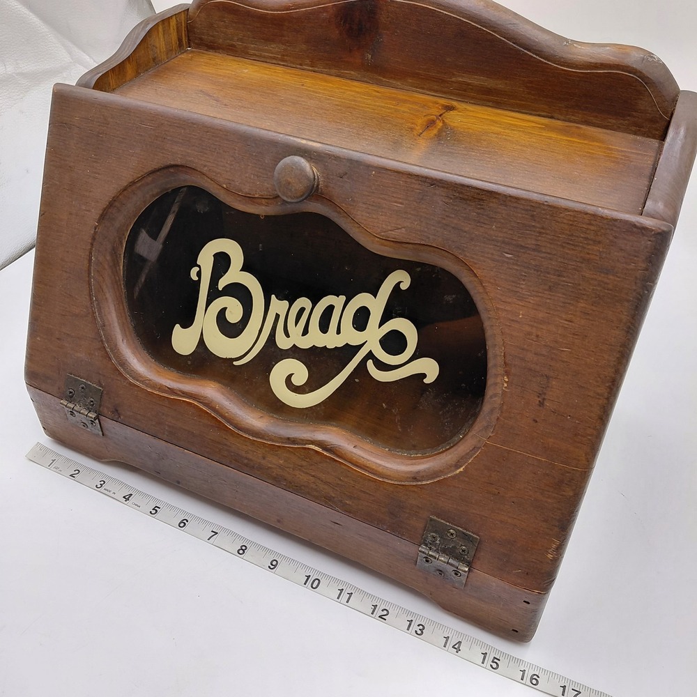Vtg Wood Bread Box Stencil Design Glass Face Farmhouse Breadbox Cottagecore - Picture 8 of 9